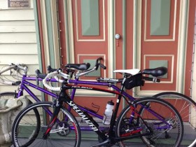 Bikes at the entrance for hotel guests